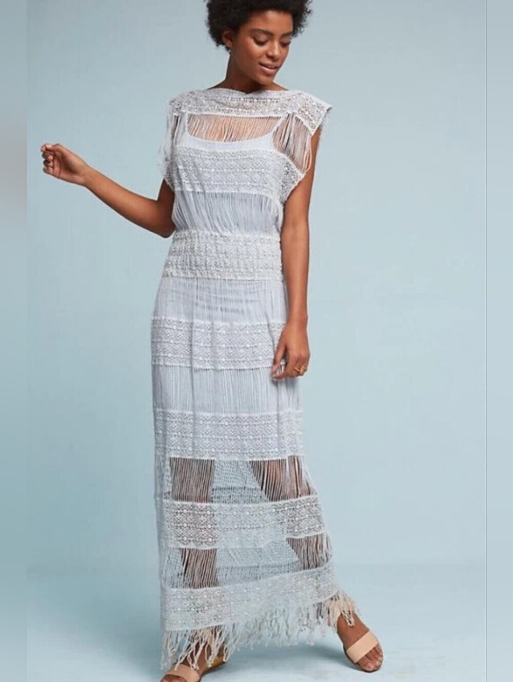 Anthropologie Callahan Amelia Blue Crochet Fringe Maxi Dress Swim Cover Boho S